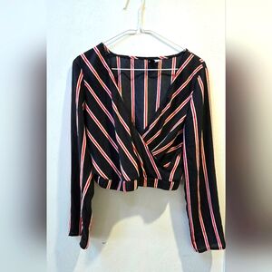 Divided Striped Black and Red Women's Crop Long Sleeve Top 4
